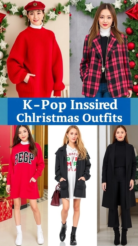 Collage of stylish K-Pop inspired Christmas outfits in festive colors and styles.